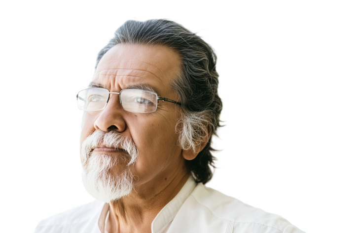 A man with glasses looking into the distance