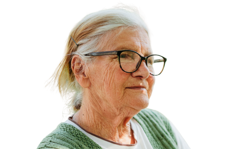 A woman with glasses looking to the side
